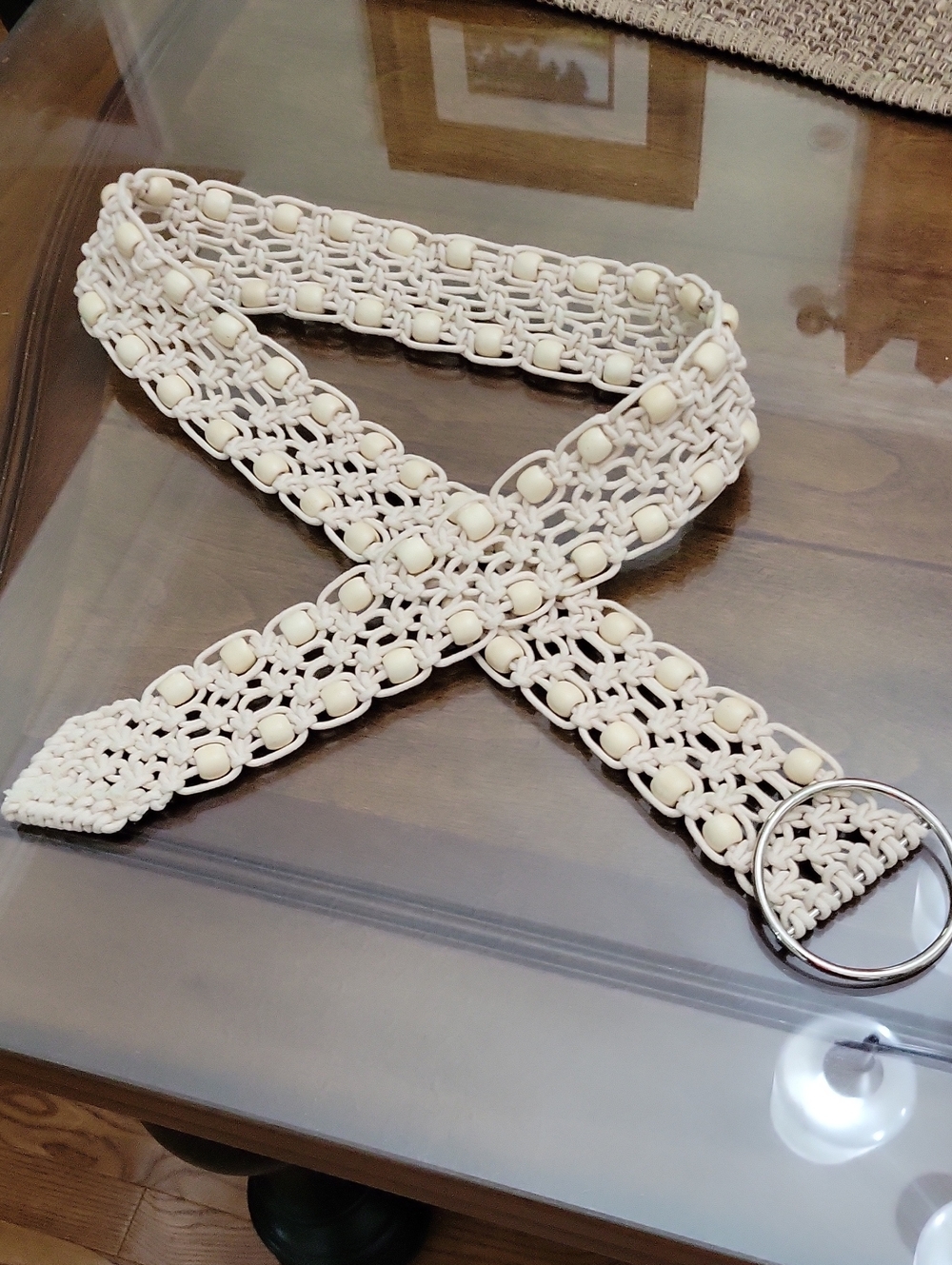 Cream Woven Macramé Belt with Bead Detail